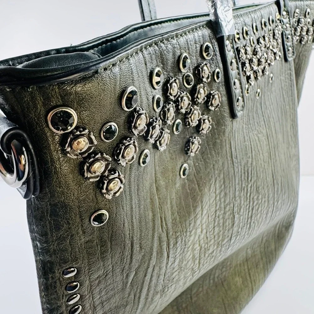 Unique Large Olive Green Distressed Faux Leather Studded Tote Crossbody BOHO